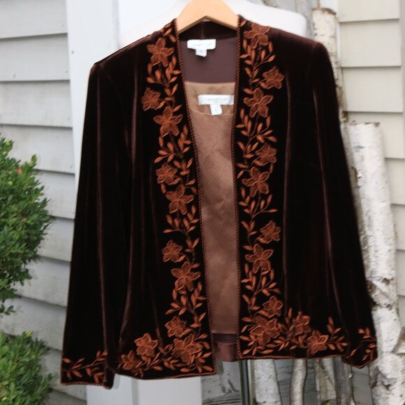Coldwater Creek Brown Embroidered Velvet Jacket w Bronze Satin Tank Top SET Sz 6 - Picture 1 of 7